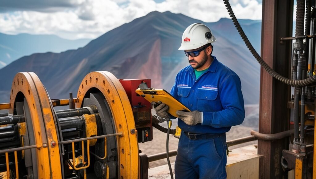 Trabajador minero utilizando equipo de seguridad en una operación minera peruana mientras revisa maquinaria industrial.